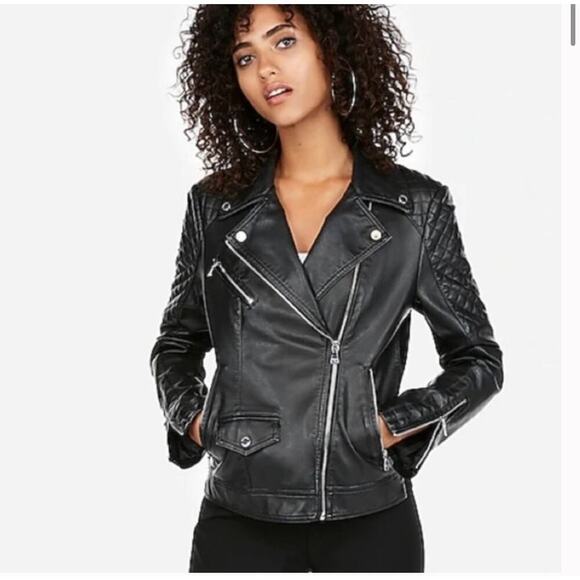 Express Jackets & Blazers - Express black faux leather quilted moto jacket size large NWT